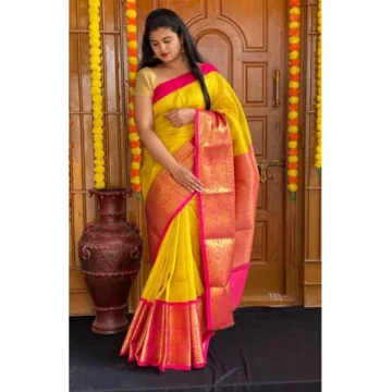 Women's Soft Lichi Silk Printed Saree With Unstitched Blouse 5.5Mtr (Yellow)