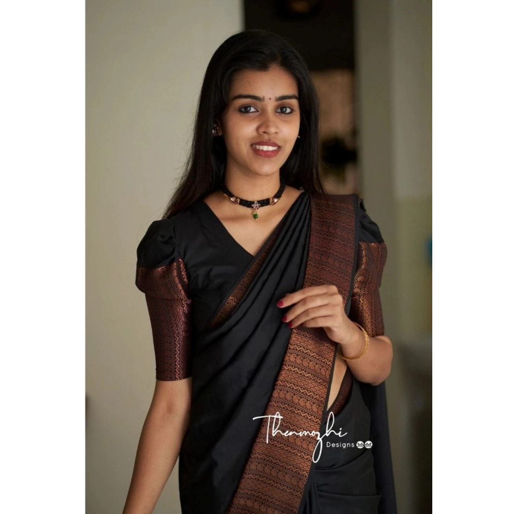 Women's Soft Lichi Silk Solid Saree With Unstitched Blouse 5.5Mtr (Black)