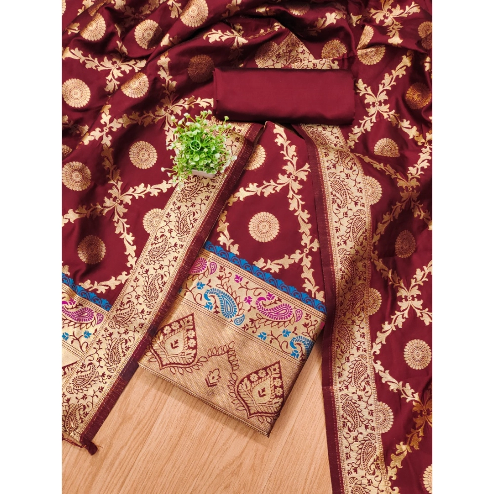 Women's Banarasi Silk Printed Unstitched Salwar Suit Material With Dupatta (Maroon, 3Mtrs) - Image 2