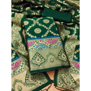 Women's Banarasi Silk Printed Unstitched Salwar Suit Material With Dupatta (Bottle Green, 3Mtrs)