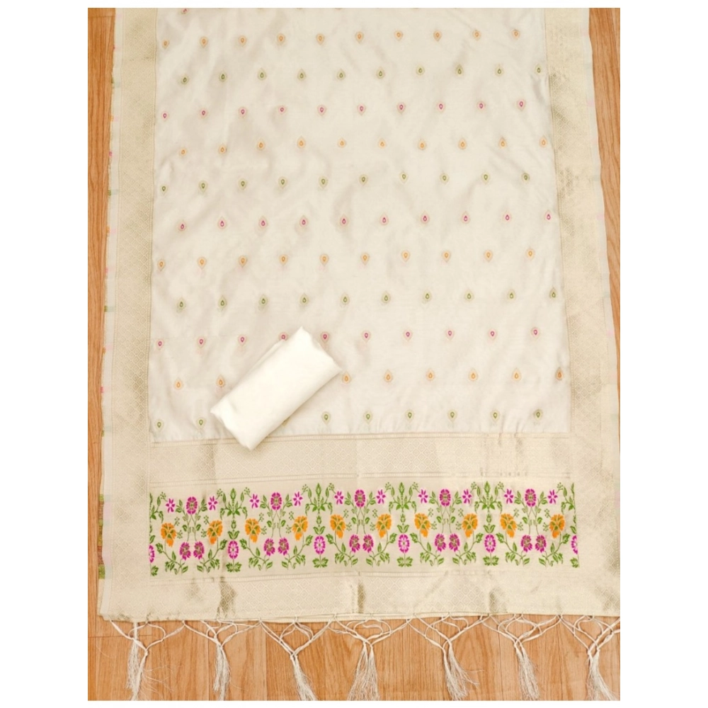 Women's Banarasi Silk Printed Unstitched Salwar Suit Material With Dupatta (White, 3Mtrs) - Image 4