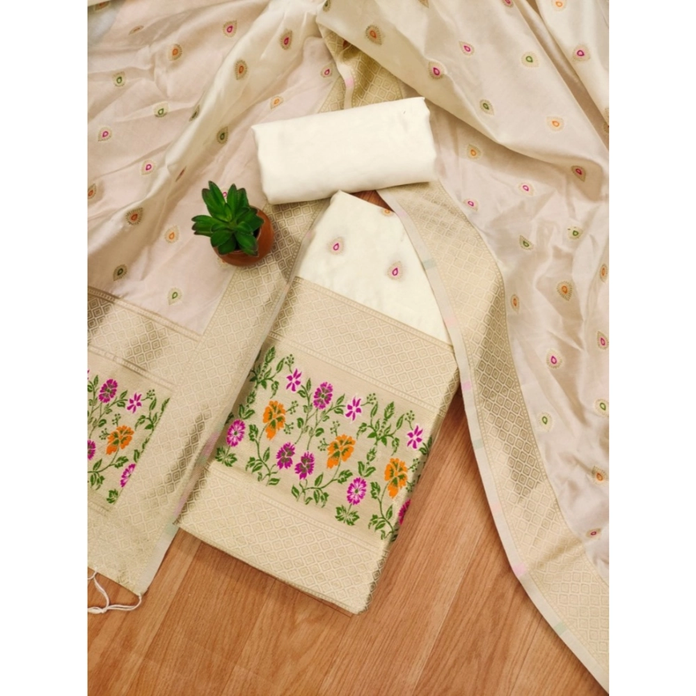 Women's Banarasi Silk Printed Unstitched Salwar Suit Material With Dupatta (White, 3Mtrs) - Image 2