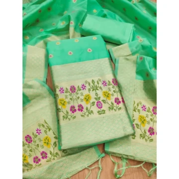 Women's Banarasi Silk Printed Unstitched Salwar Suit Material With Dupatta (Sea Green, 3Mtrs)