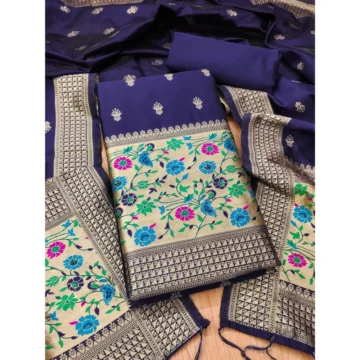 Women's Banarasi Silk Printed Unstitched Salwar Suit Material With Dupatta (Navy Blue, 3Mtrs)