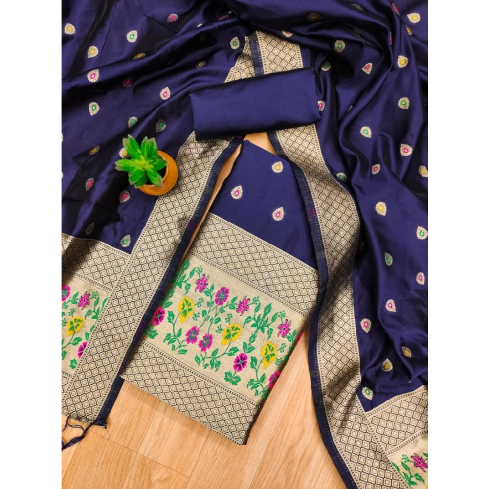 Women's Banarasi Silk Printed Unstitched Salwar Suit Material With Dupatta (Navy Blue, 3Mtrs) - Image 2