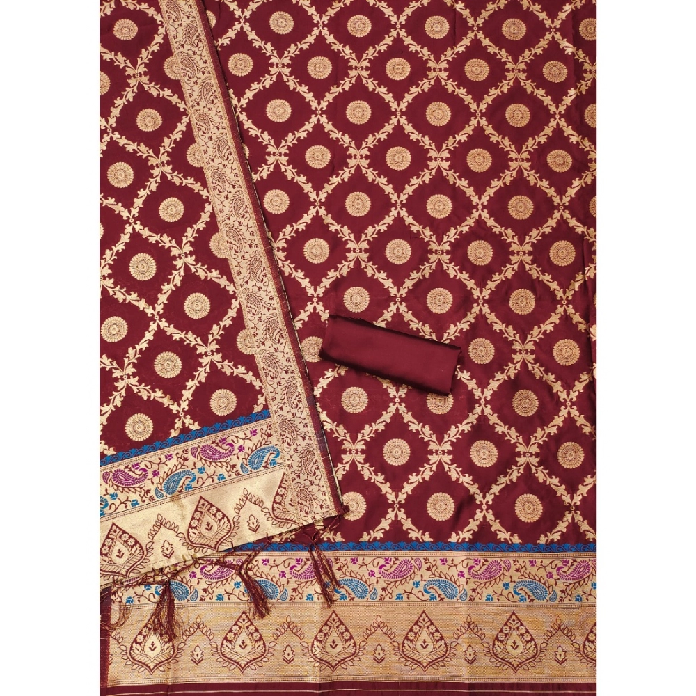 Women's Banarasi Silk Printed Unstitched Salwar Suit Material With Dupatta (Maroon, 3Mtrs) - Image 3