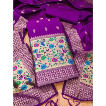 Women's Banarasi Silk Printed Unstitched Salwar Suit Material With Dupatta (Purple, 3Mtrs)