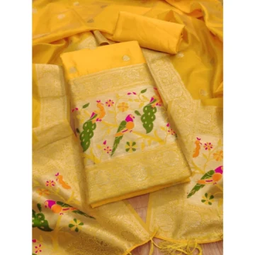 Women's Banarasi Silk Printed Unstitched Salwar Suit Material With Dupatta (Yellow, 3Mtrs)