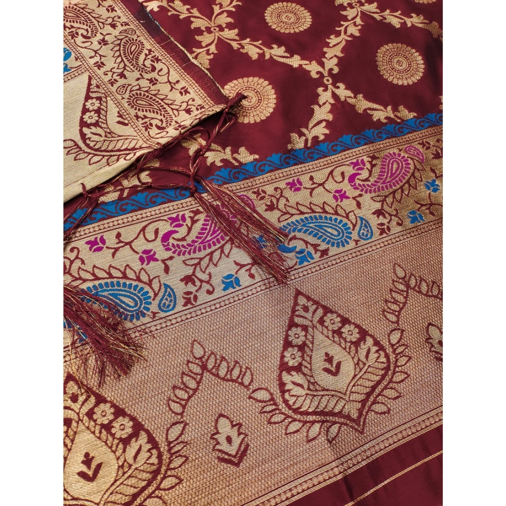 Women's Banarasi Silk Printed Unstitched Salwar Suit Material With Dupatta (Maroon, 3Mtrs) - Image 4