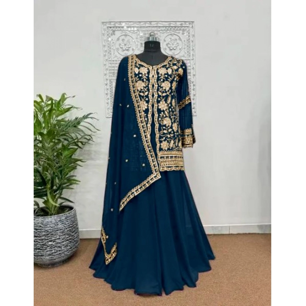 Women's Georgette Embroidery 3-4th Sleeve V-Neck Kurti, Palazzo And Dupatta Set (Morpich) - Image 2