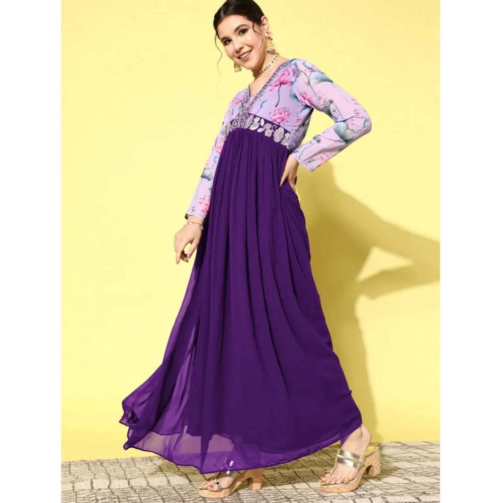 Women's Georgette Embroidery 3-4th Sleeve V-Neck Kurti (Purple) - Image 2