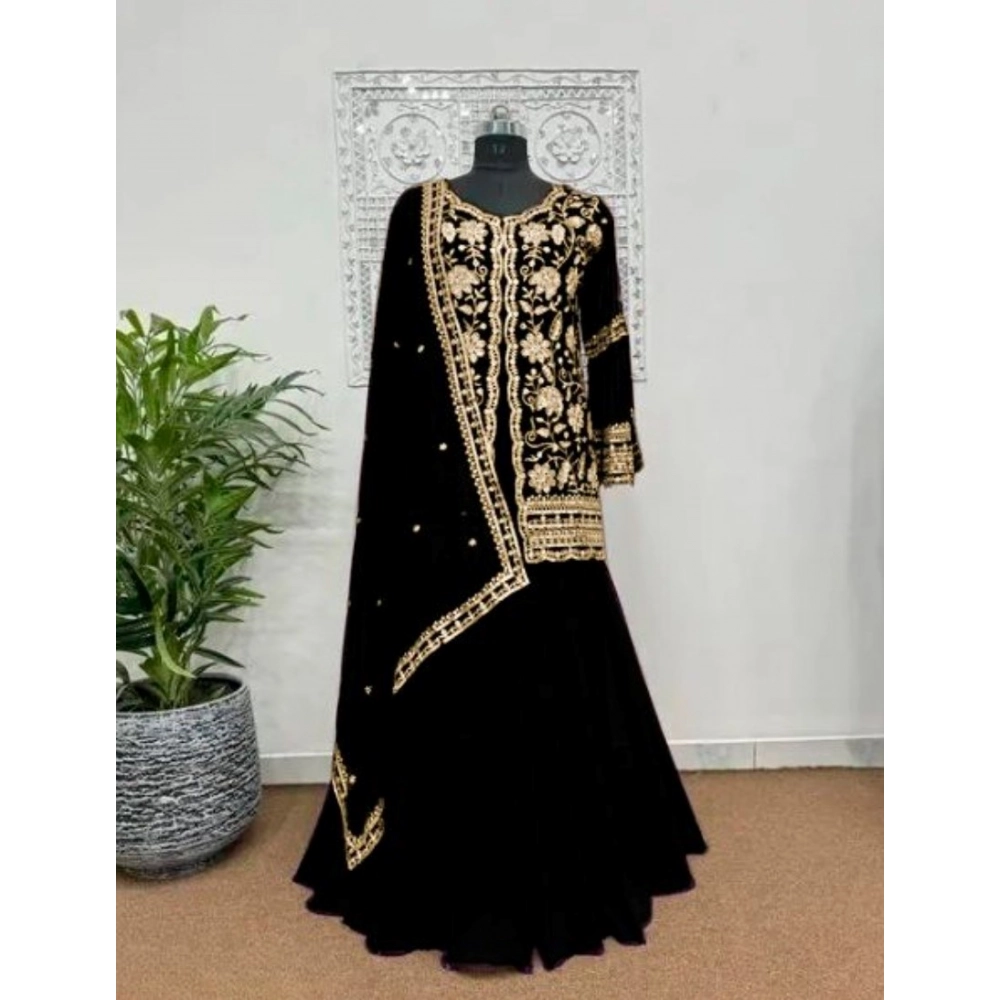 Women's Georgette Embroidery 3-4th Sleeve V-Neck Kurti, Palazzo And Dupatta Set (Black) - Image 2