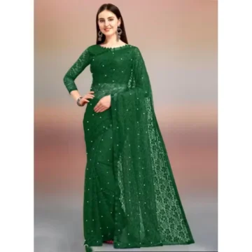 Women's Net Self Design Saree With Unstitched Blouse 5.5Mtr (Green)