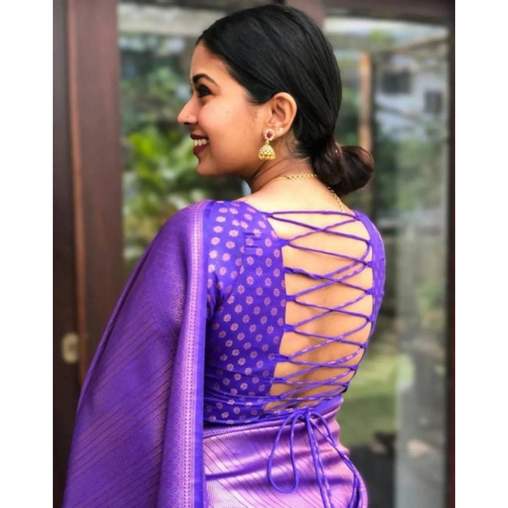 Women's Litchi silk Printed Saree With Unstitched Blouse (Purple) - Image 2