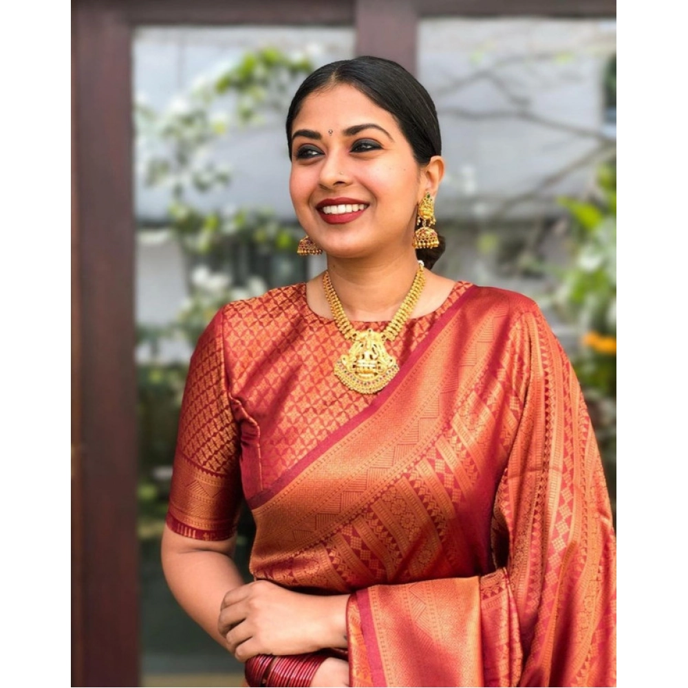 Women's Litchi silk Printed Saree With Unstitched Blouse (Red) - Image 2