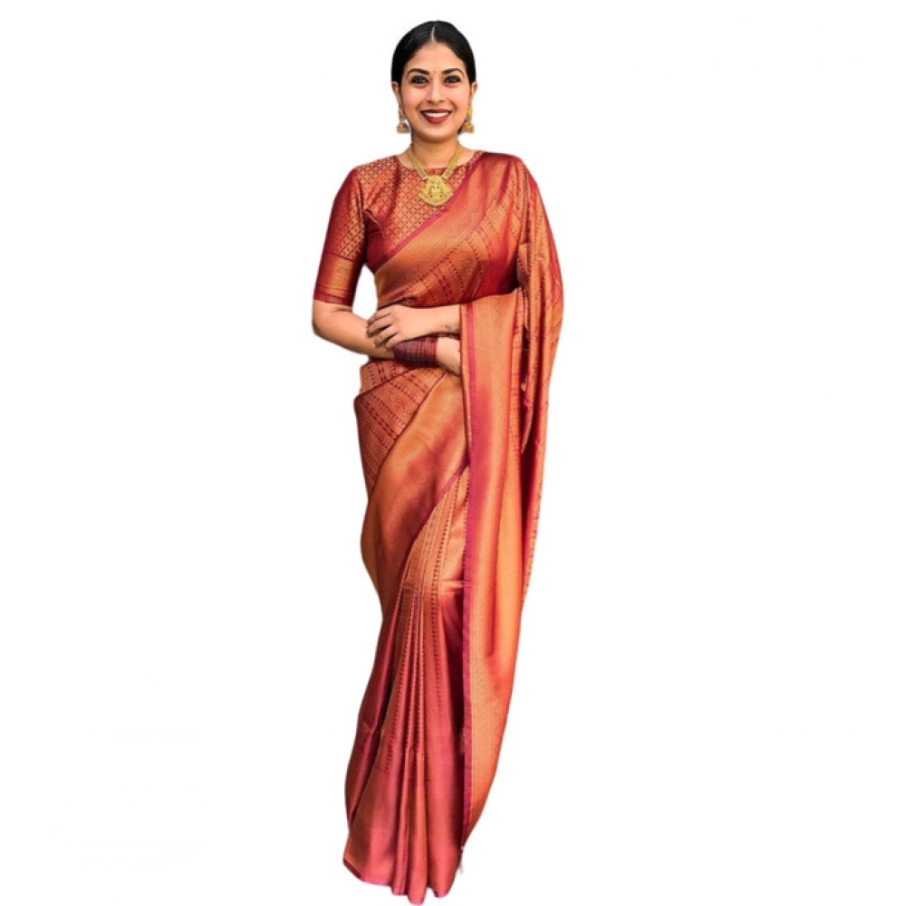 Women's Litchi silk Printed Saree With Unstitched Blouse (Red) - Image 3