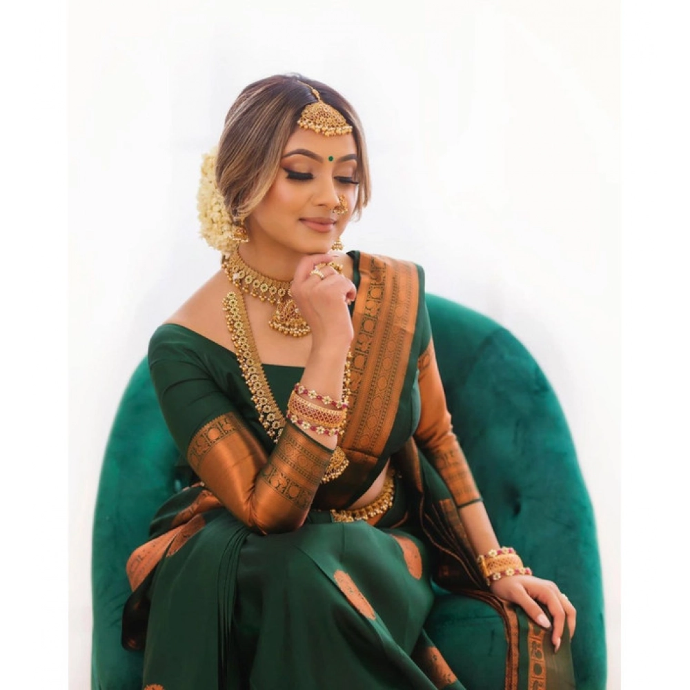 Women's Litchi silk Printed Saree With Unstitched Blouse (Green) - Image 3
