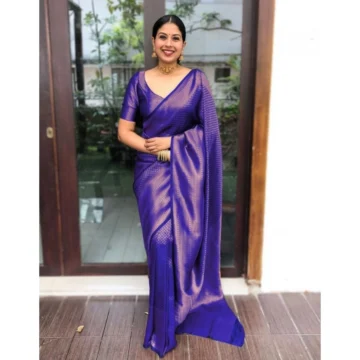 Women's Litchi silk Printed Saree With Unstitched Blouse (Purple)