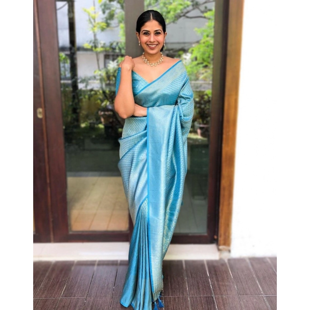 Women's Litchi silk Printed Saree With Unstitched Blouse (Sky Blue) - Image 2