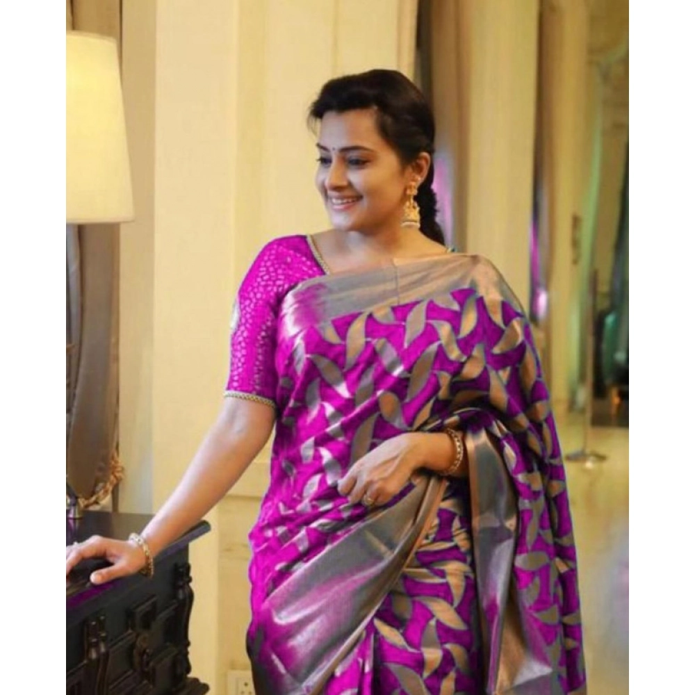 Women's Litchi silk Printed Saree With Unstitched Blouse (Pink) - Image 2