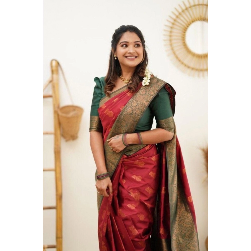 Women's Litchi silk Printed Saree With Unstitched Blouse (Red) - Image 2