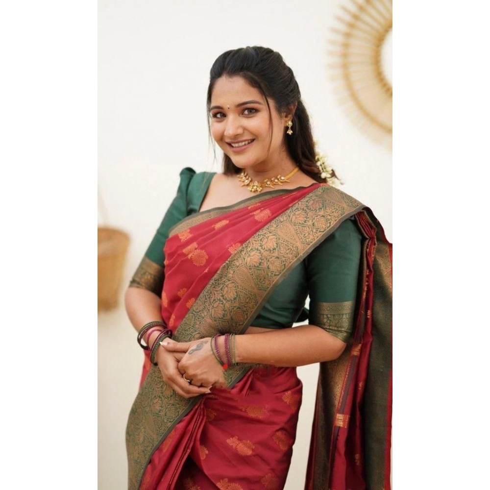 Women's Litchi silk Printed Saree With Unstitched Blouse (Red) - Image 3
