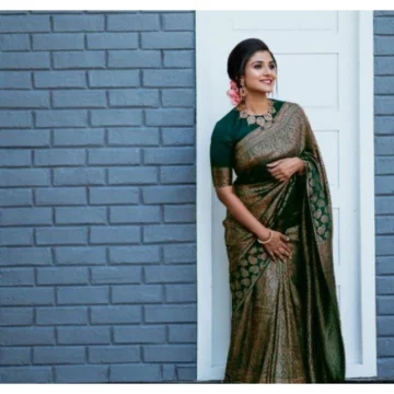 Women's Litchi silk Printed Saree With Unstitched Blouse (Green)