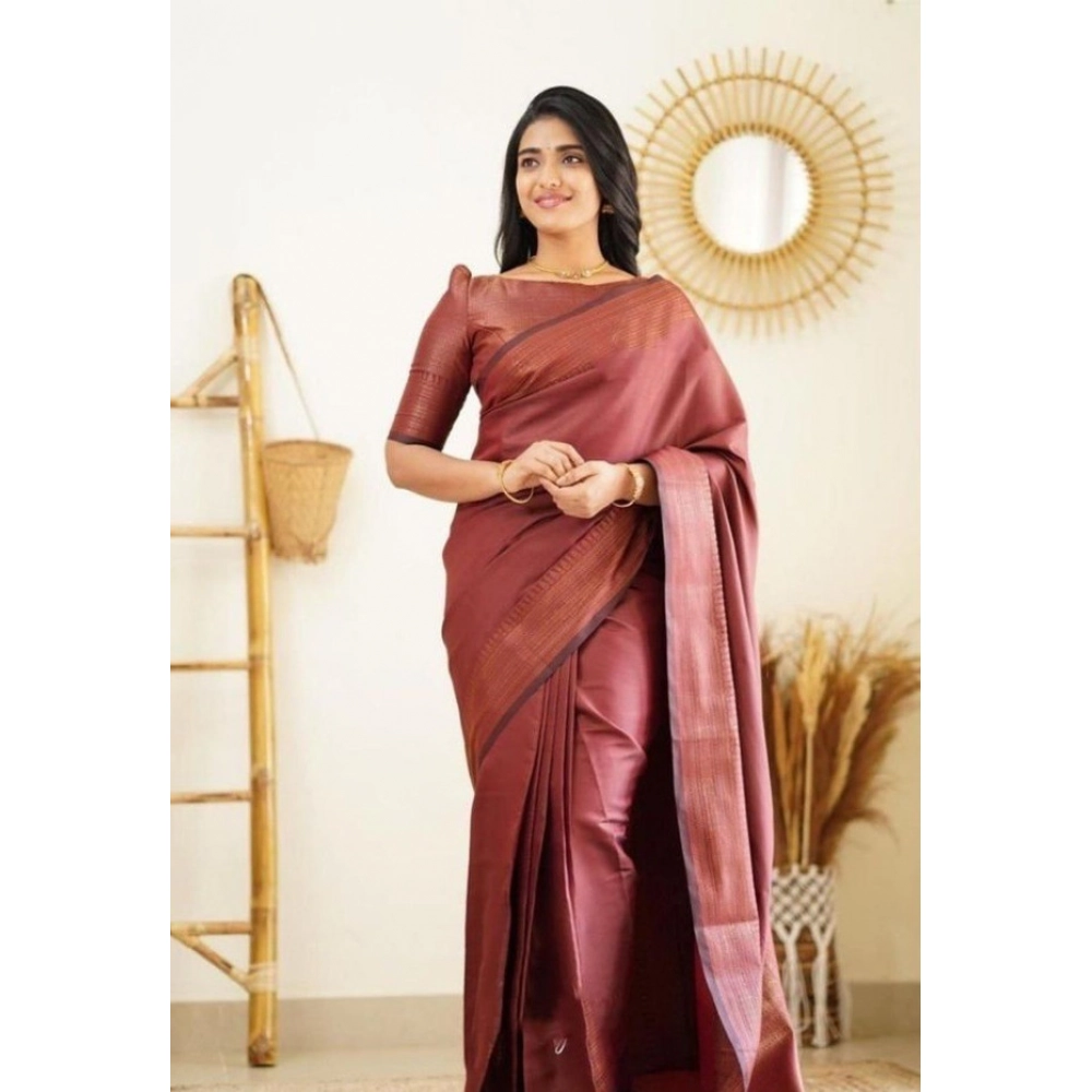 Women's Litchi silk Printed Saree With Unstitched Blouse (Maroon) - Image 3