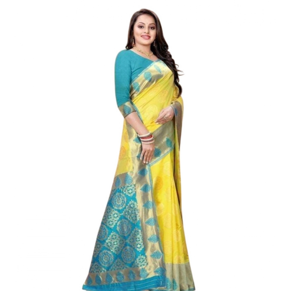 Women's Litchi silk Printed Saree With Unstitched Blouse (Yellow) - Image 2