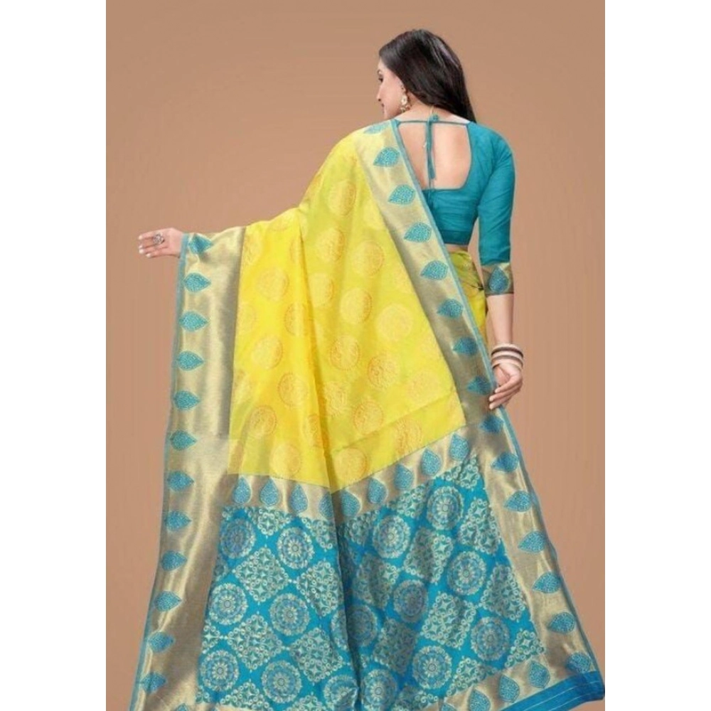 Women's Litchi silk Printed Saree With Unstitched Blouse (Yellow) - Image 3