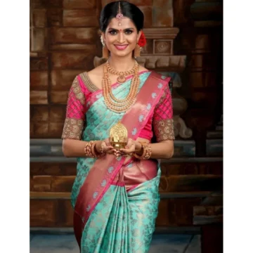 Women's Litchi silk Printed Saree With Unstitched Blouse (Turquise Blue)