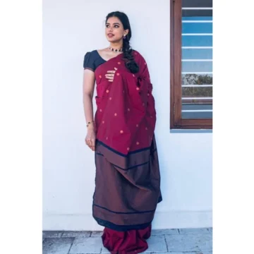Women's Litchi silk Printed Saree With Unstitched Blouse (Red)