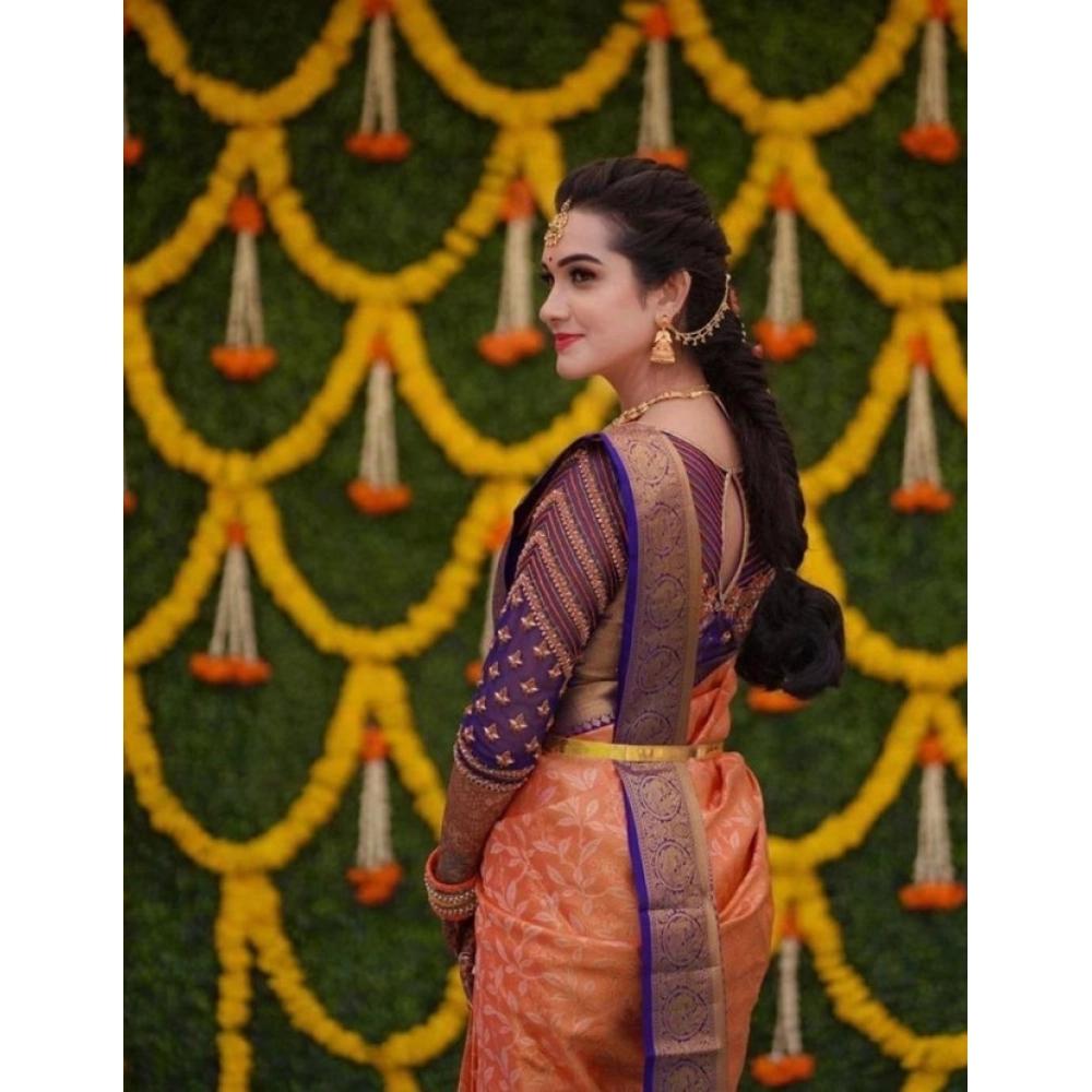 Women's Litchi silk Printed Saree With Unstitched Blouse (Orange) - Image 2