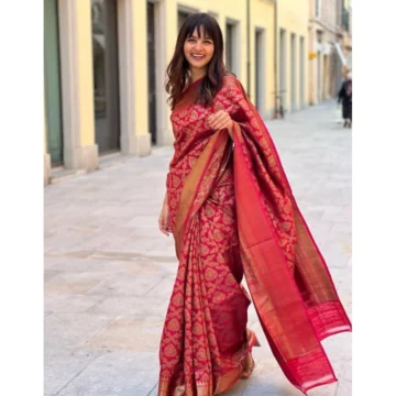 Women's Litchi silk Printed Saree With Unstitched Blouse (Red)