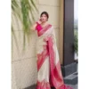 BSB233 SAs YYYh 4095 hfwht Main 1000x1000 1 Women's Litchi silk Printed Saree With Unstitched Blouse (Half White)