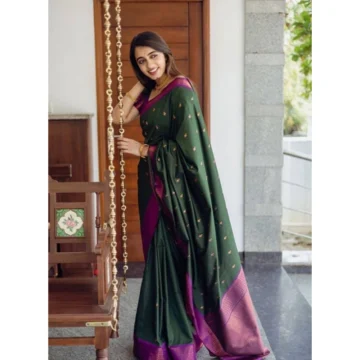 Women's Litchi silk Printed Saree With Unstitched Blouse (Dark Green)