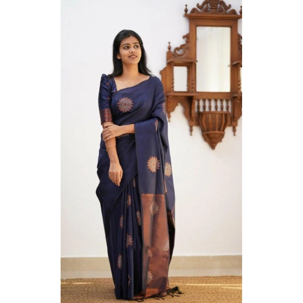 Women's Litchi silk Printed Saree With Unstitched Blouse (Dark Blue) - Image 2