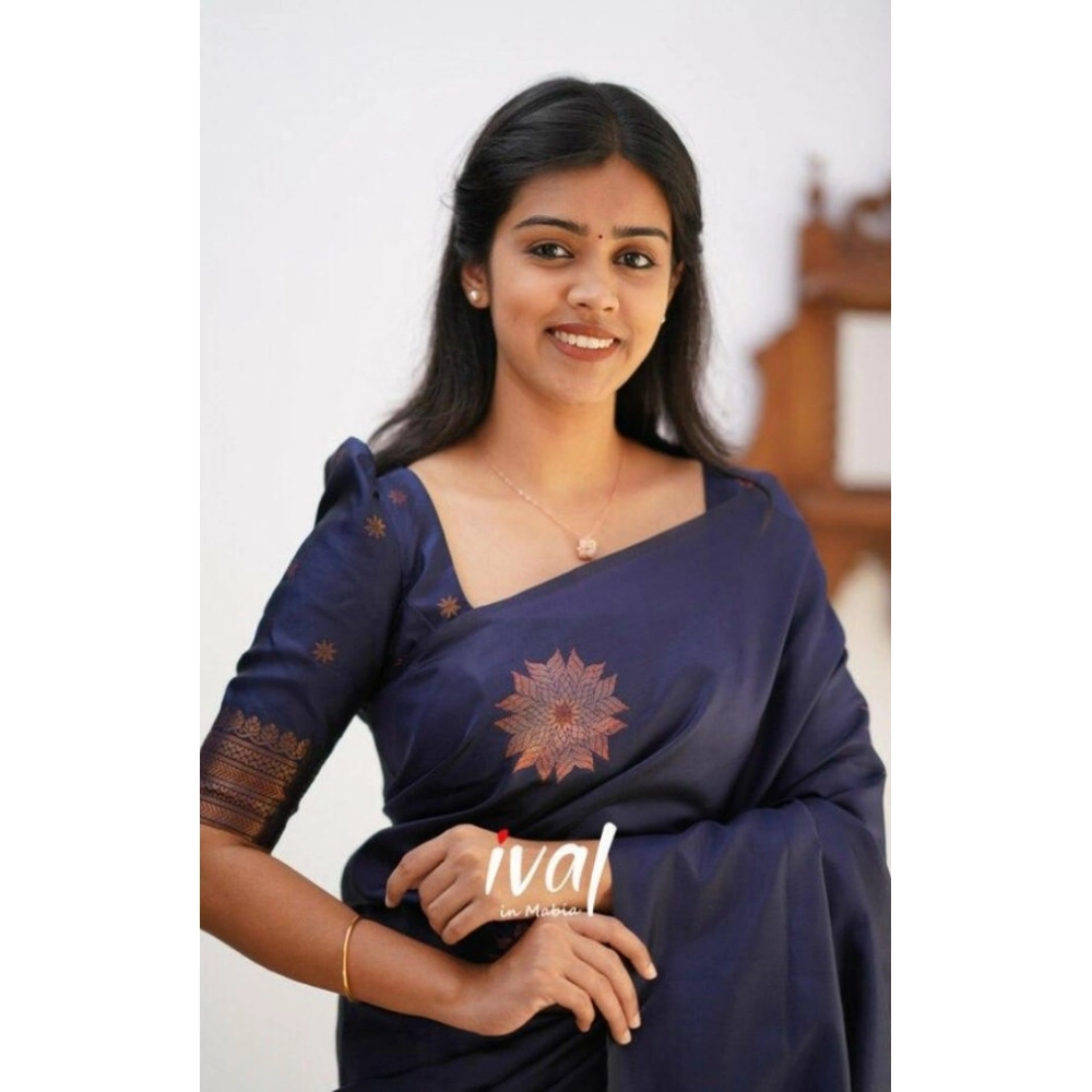 Women's Litchi silk Printed Saree With Unstitched Blouse (Dark Blue) - Image 3