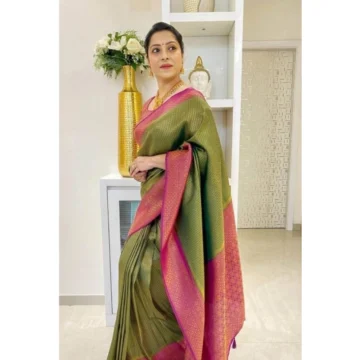 Women's Soft Lichi Silk Printed Saree With Unstitched Blouse 5.5Mtr (Mehndi-Green)