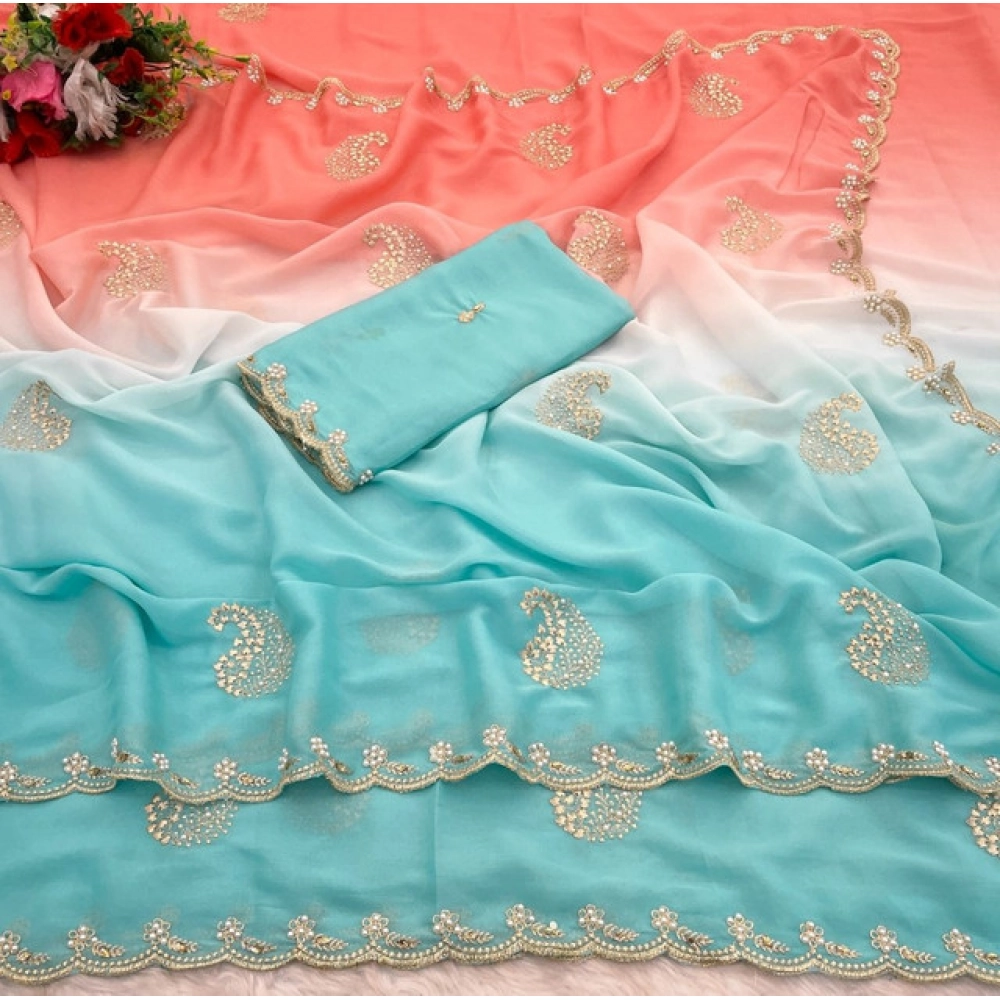 Women's Digital Printed Geogette Saree With Unstitched Blouse (Blue, 5-6 Mtrs) - Image 2