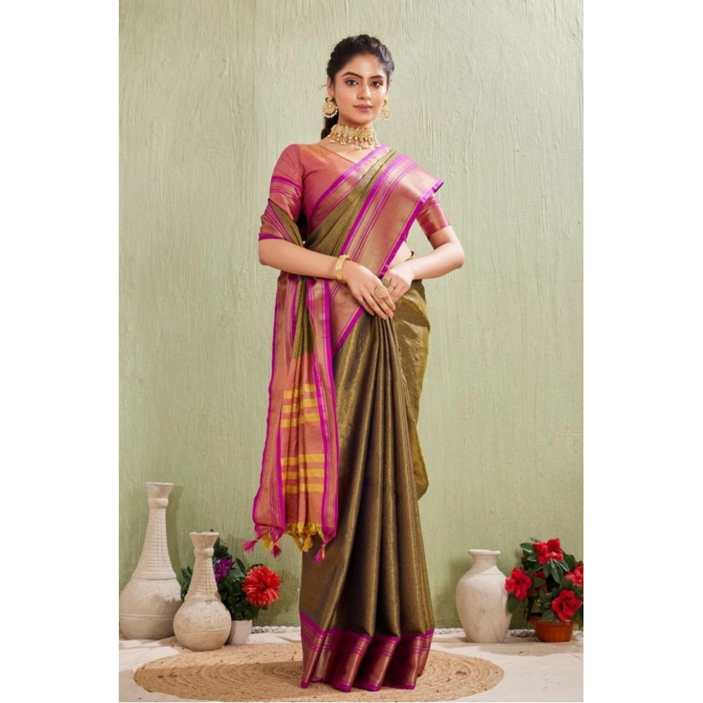Women's Silk Blended Jaquard Woven Saree With Unstitched Blouse 5.5Mtr (Green) - Image 4