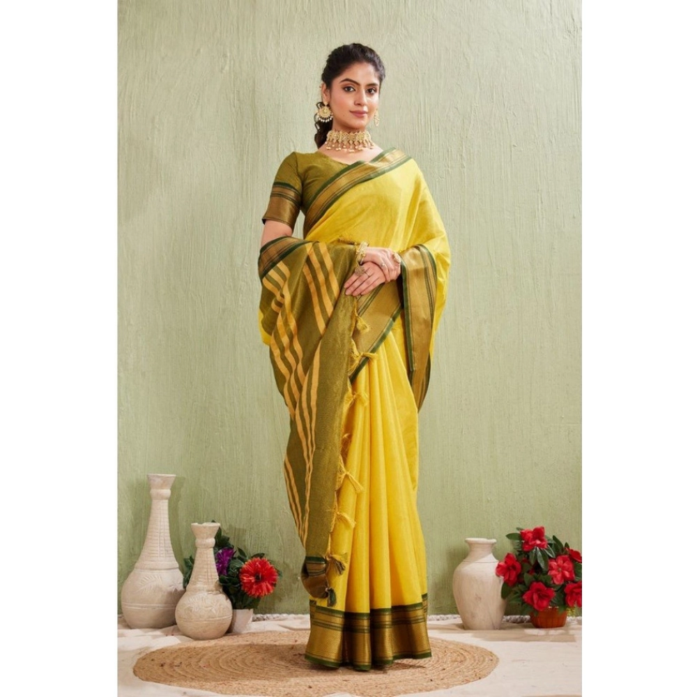 Women's Silk Blended Jaquard Woven Saree With Unstitched Blouse 5.5Mtr (Yellow) - Image 3