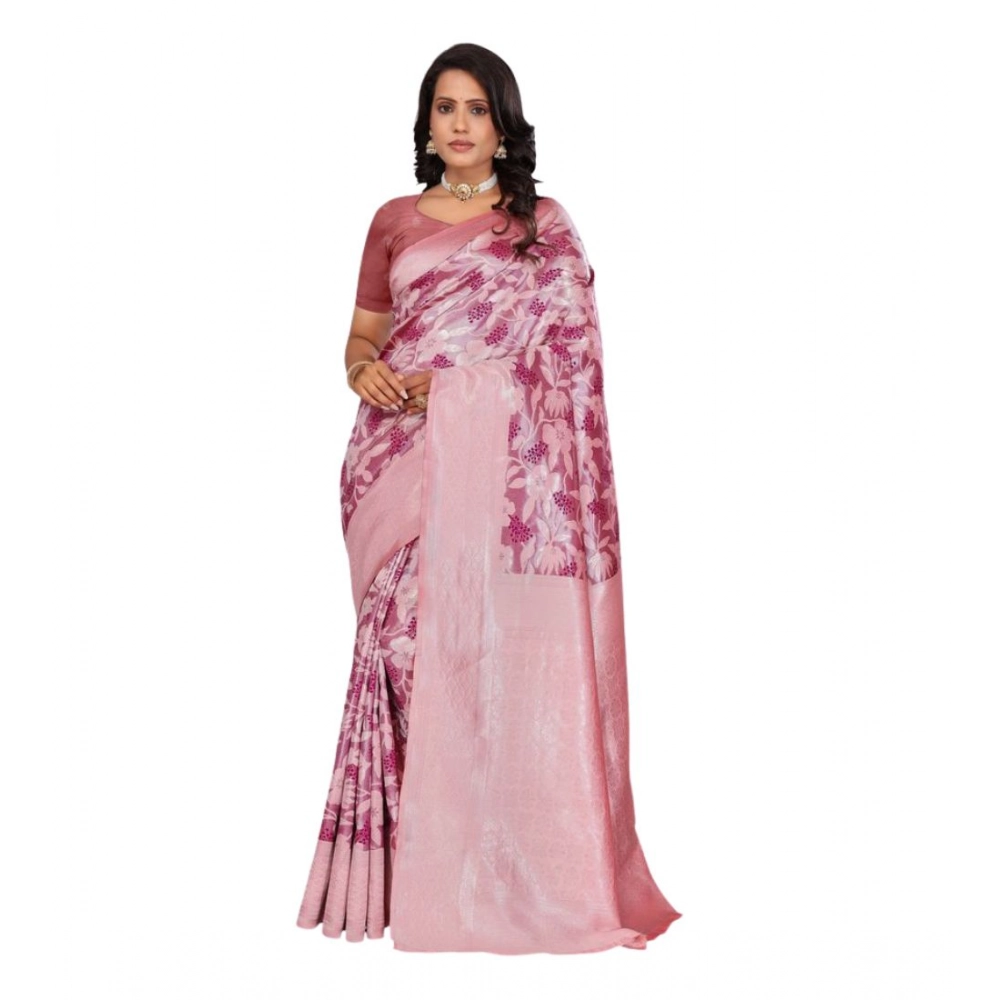 Women's Banarasi Silk Jaquard Woven Saree With Unstitched Blouse 5.5Mtr (Pink) - Image 5