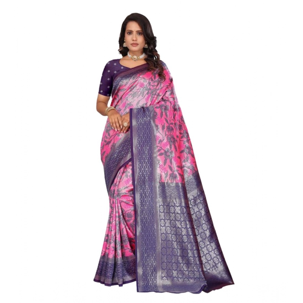 Women's Banarasi Silk Jaquard Woven Saree With Unstitched Blouse 5.5Mtr (Pink) - Image 5