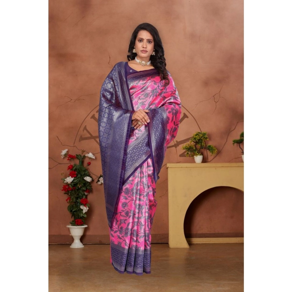 Women's Banarasi Silk Jaquard Woven Saree With Unstitched Blouse 5.5Mtr (Pink) - Image 2