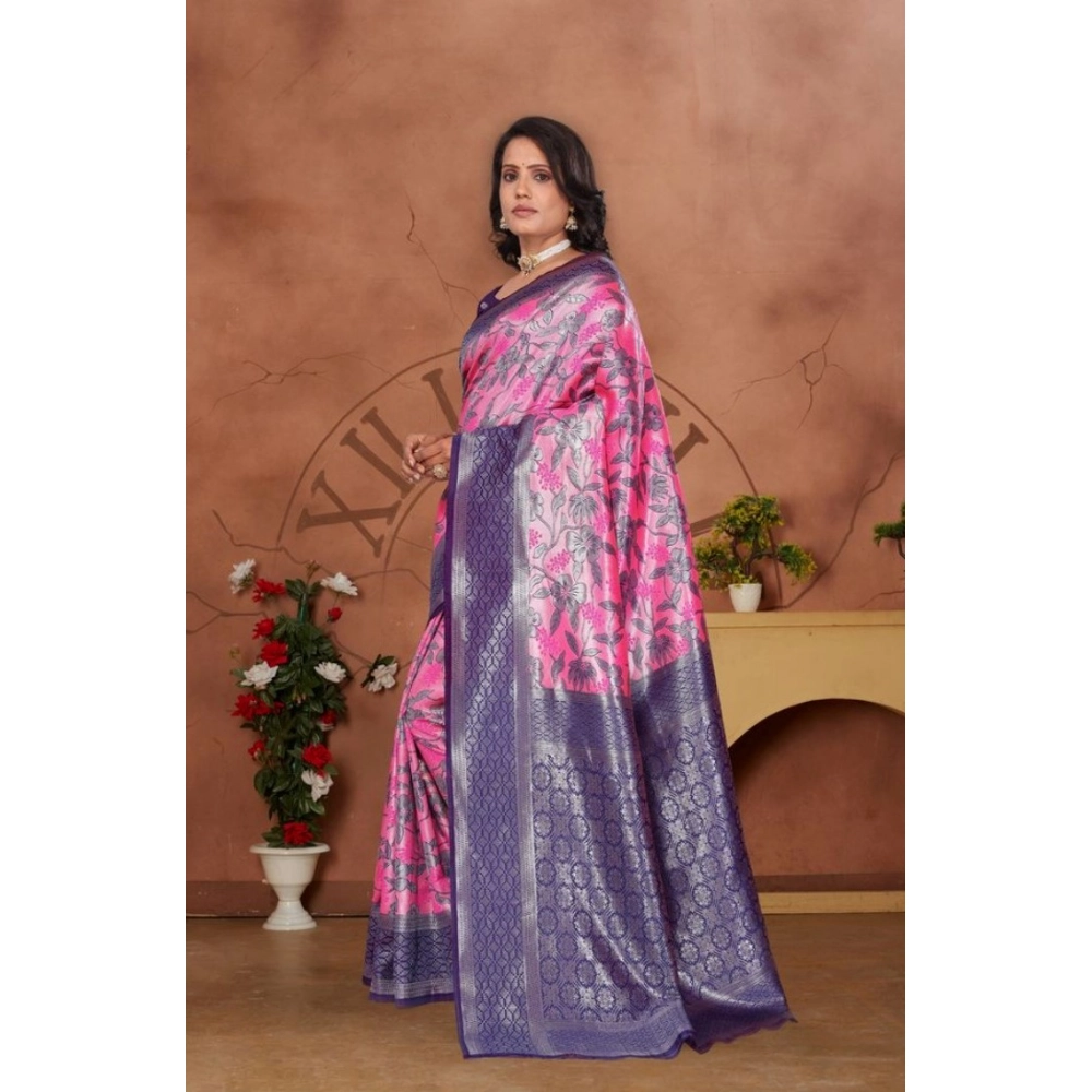 Women's Banarasi Silk Jaquard Woven Saree With Unstitched Blouse 5.5Mtr (Pink) - Image 3