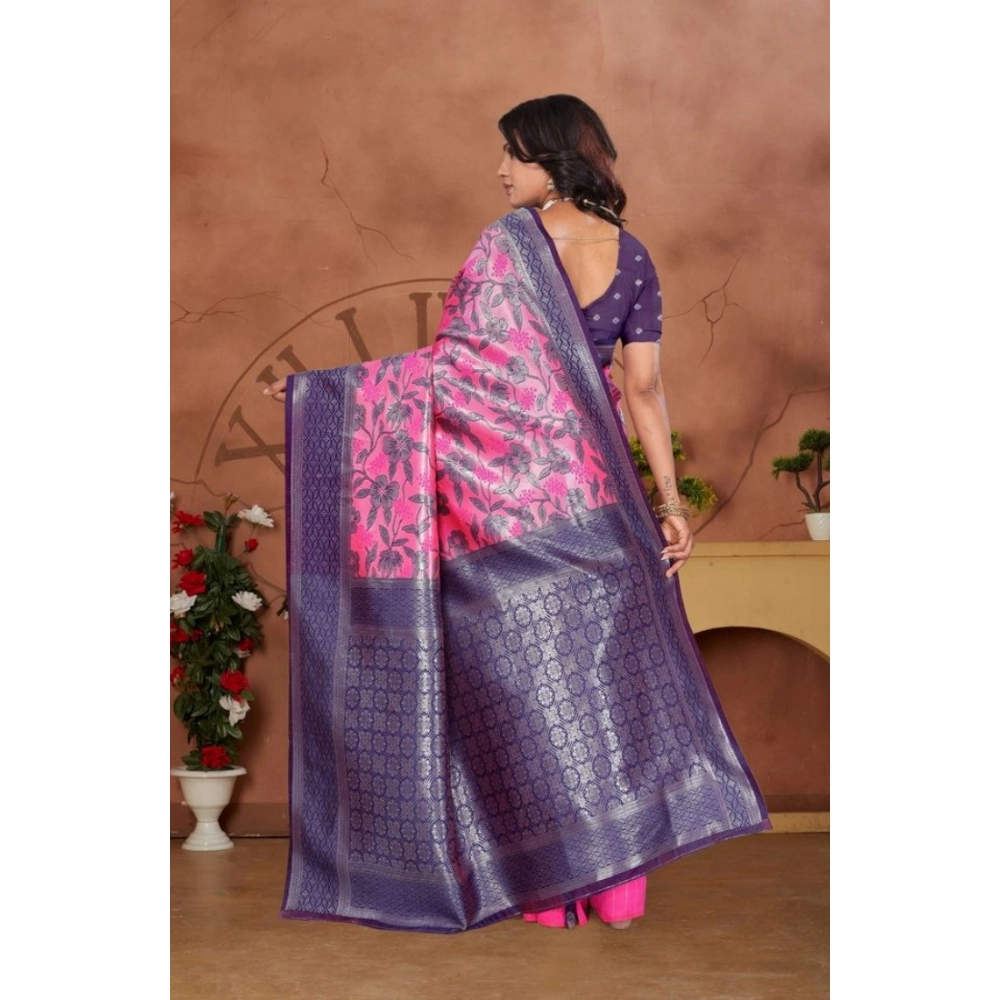 Women's Banarasi Silk Jaquard Woven Saree With Unstitched Blouse 5.5Mtr (Pink) - Image 4