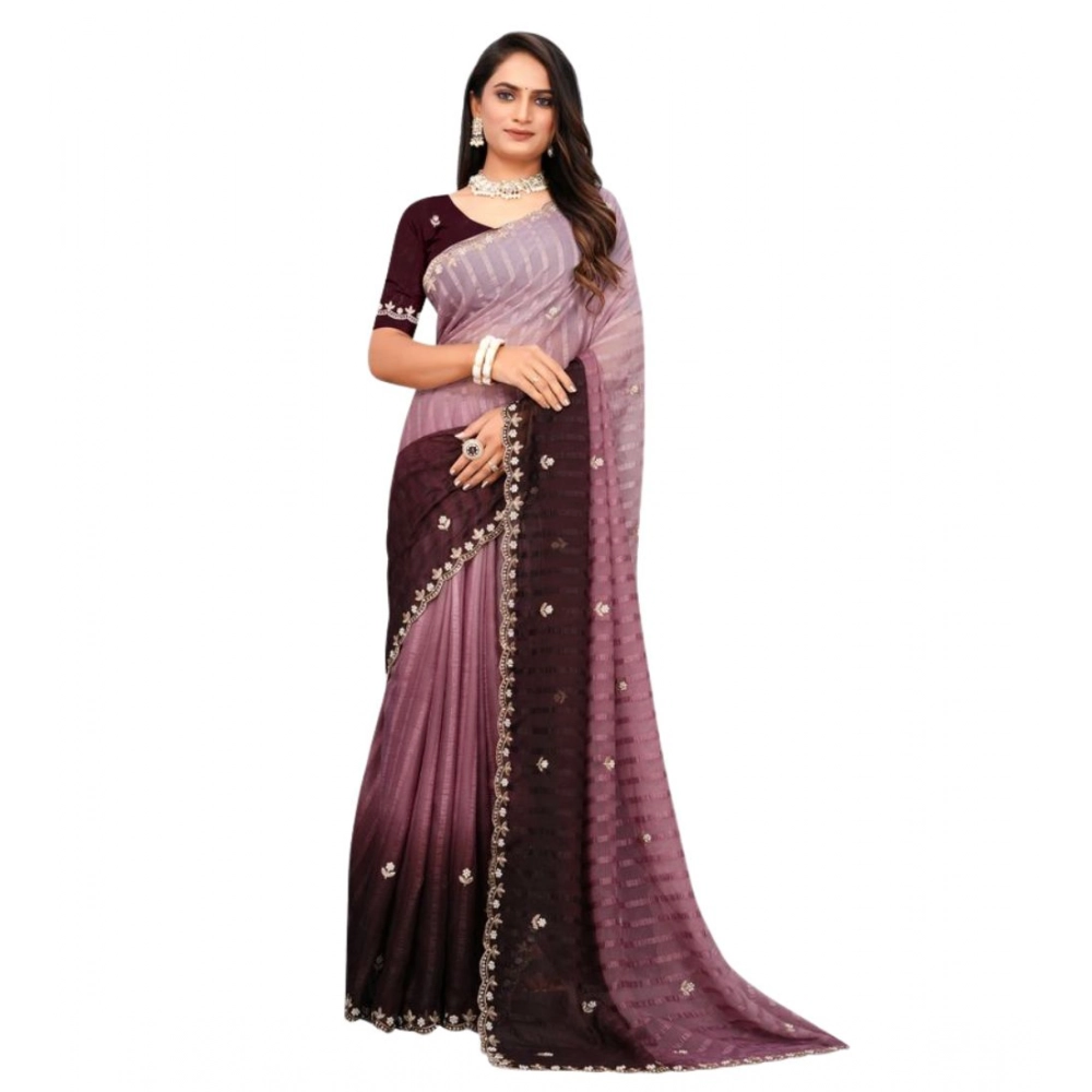 Women's Chiffon Embroidred Saree With Unstitched Blouse 5.5Mtr (Beige) - Image 5
