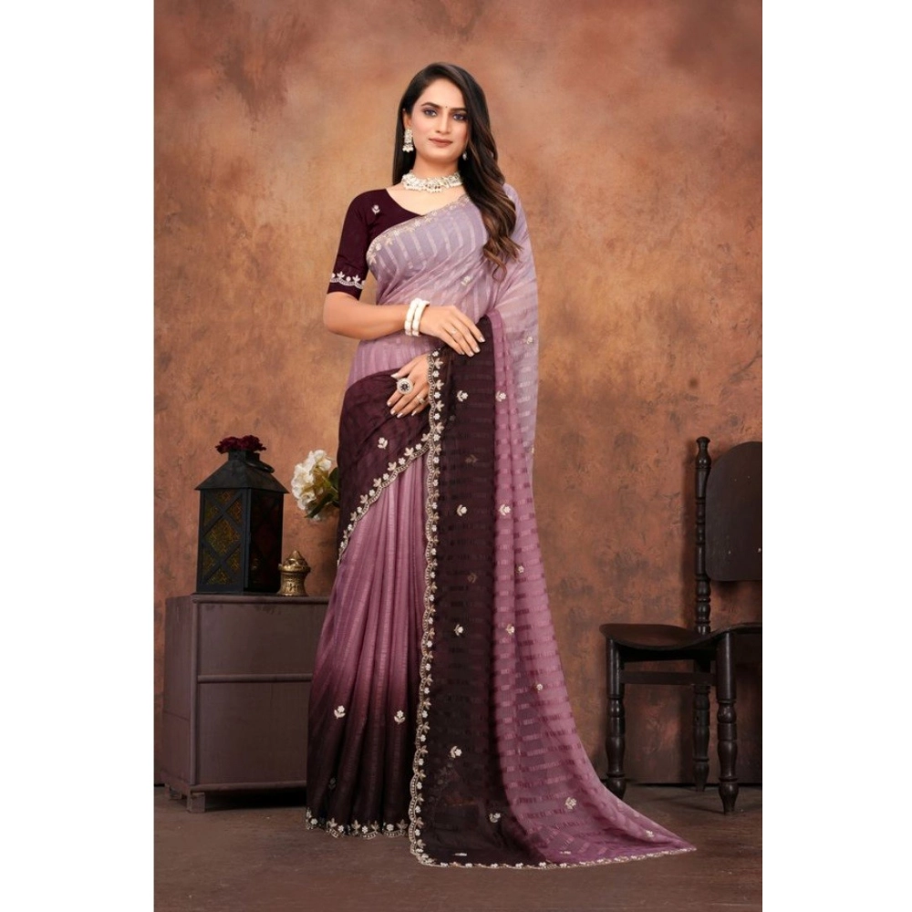 Women's Chiffon Embroidred Saree With Unstitched Blouse 5.5Mtr (Beige) - Image 2