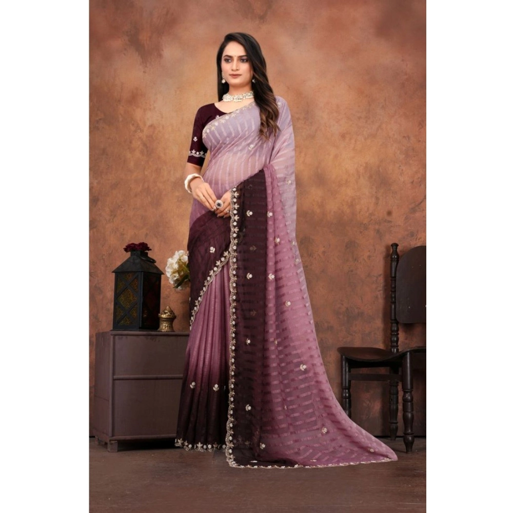 Women's Chiffon Embroidred Saree With Unstitched Blouse 5.5Mtr (Beige) - Image 3